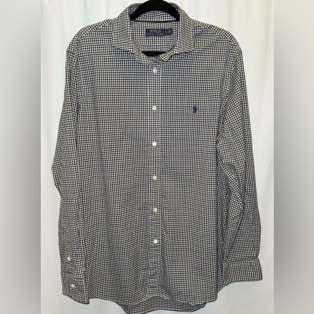 Polo Ralph Lauren Shirt Check Plaid Navy Green white Long Sleeve Pony Mens L - Picture 2 of 11